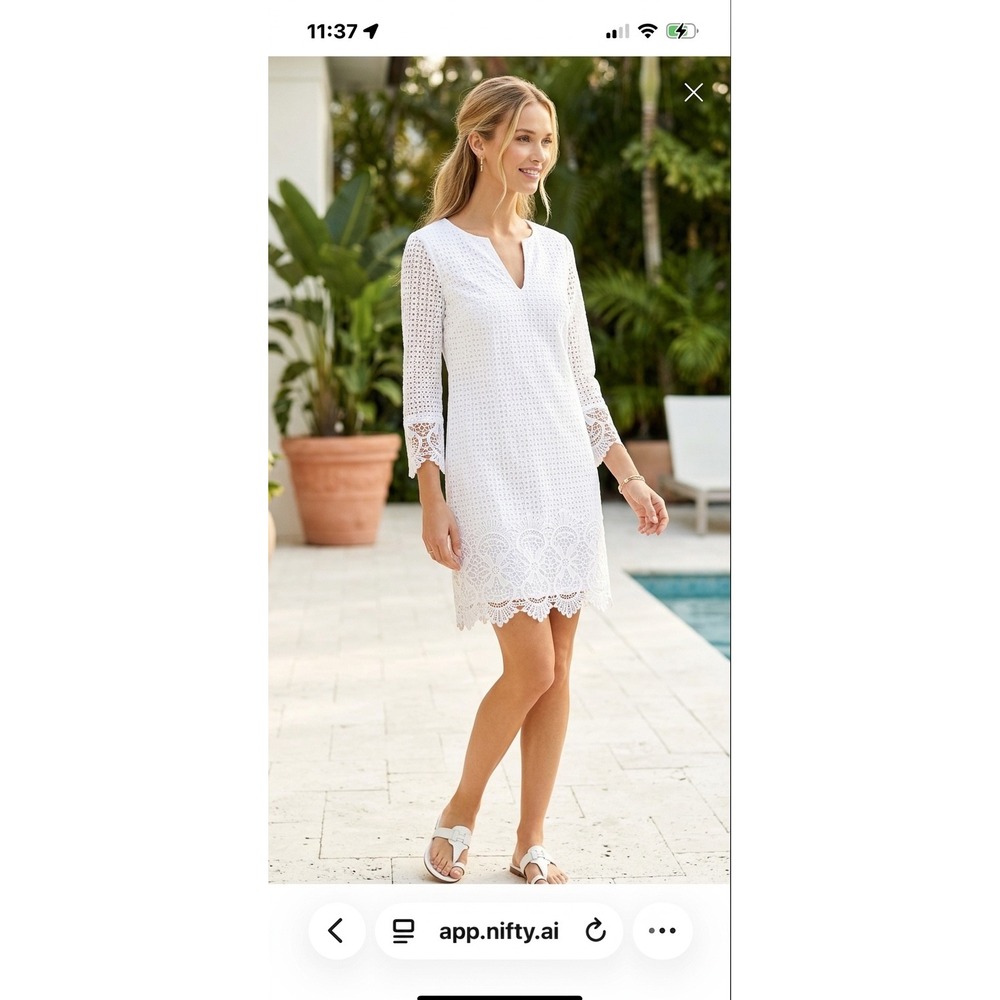 Lilly‎ Pulitzer White Lace Shift Dress Geometric Eyelet Notched Neck Size S